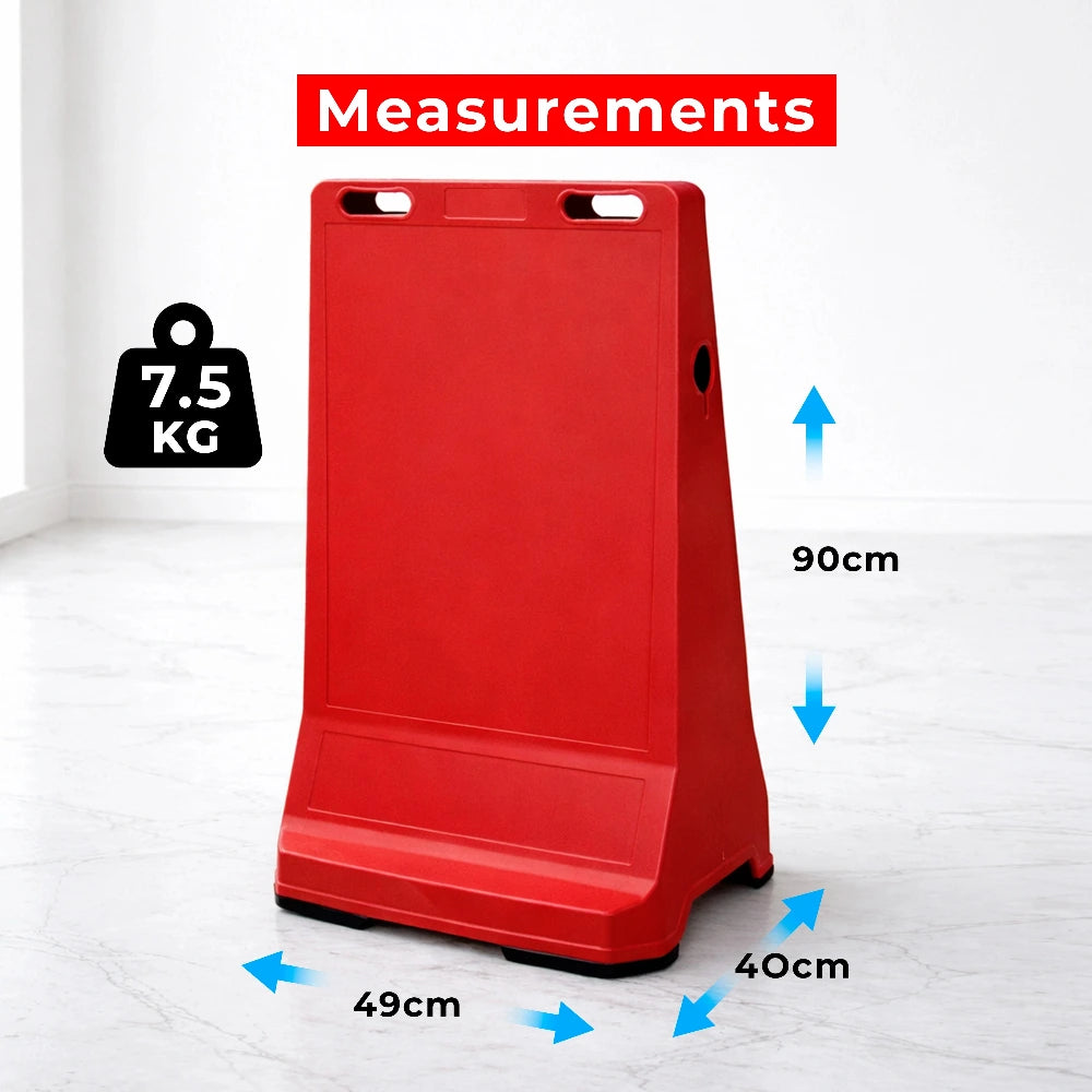 Red step sign barrier with measurements 