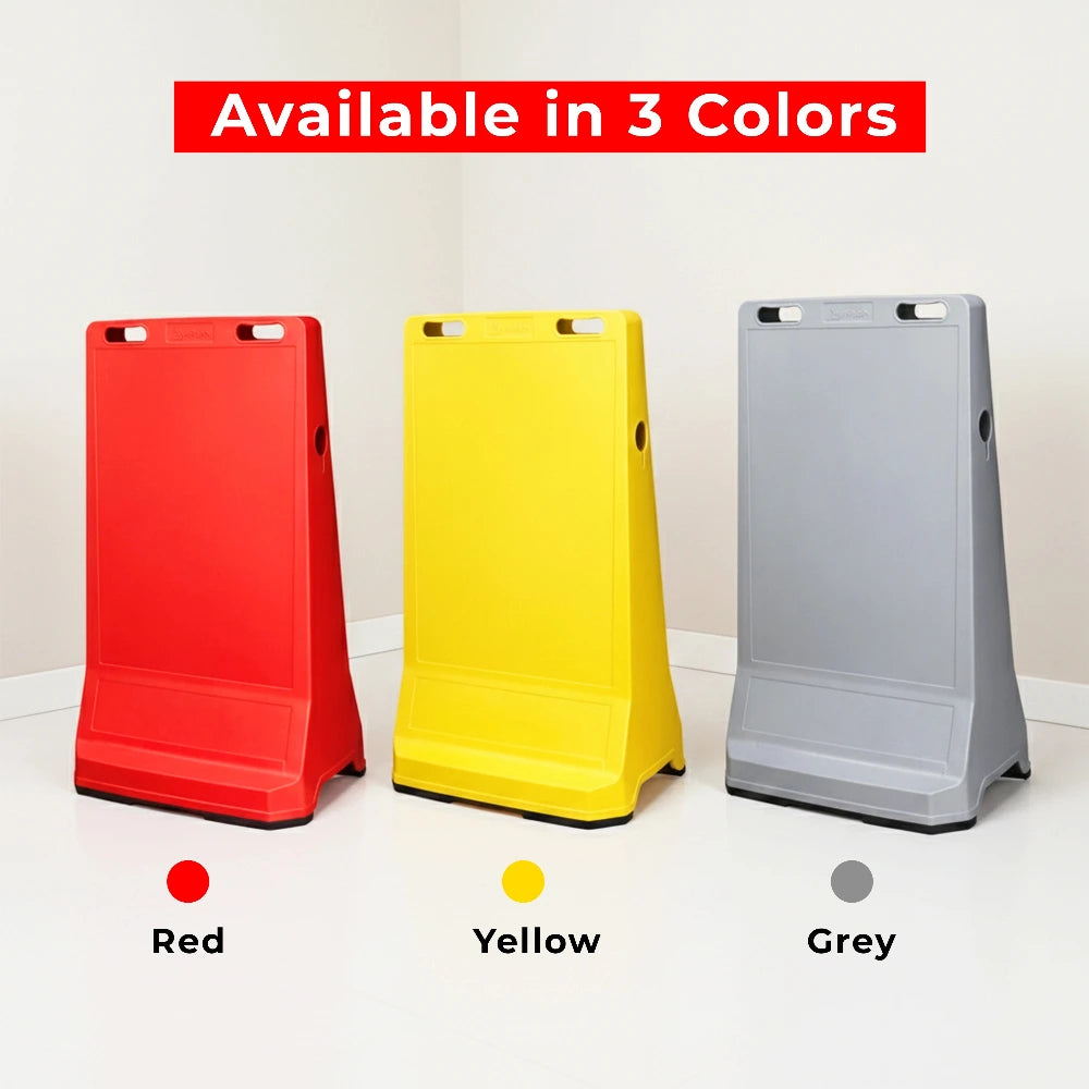 Three colorful stands (red, yellow, gray) on a white background with color labels below.