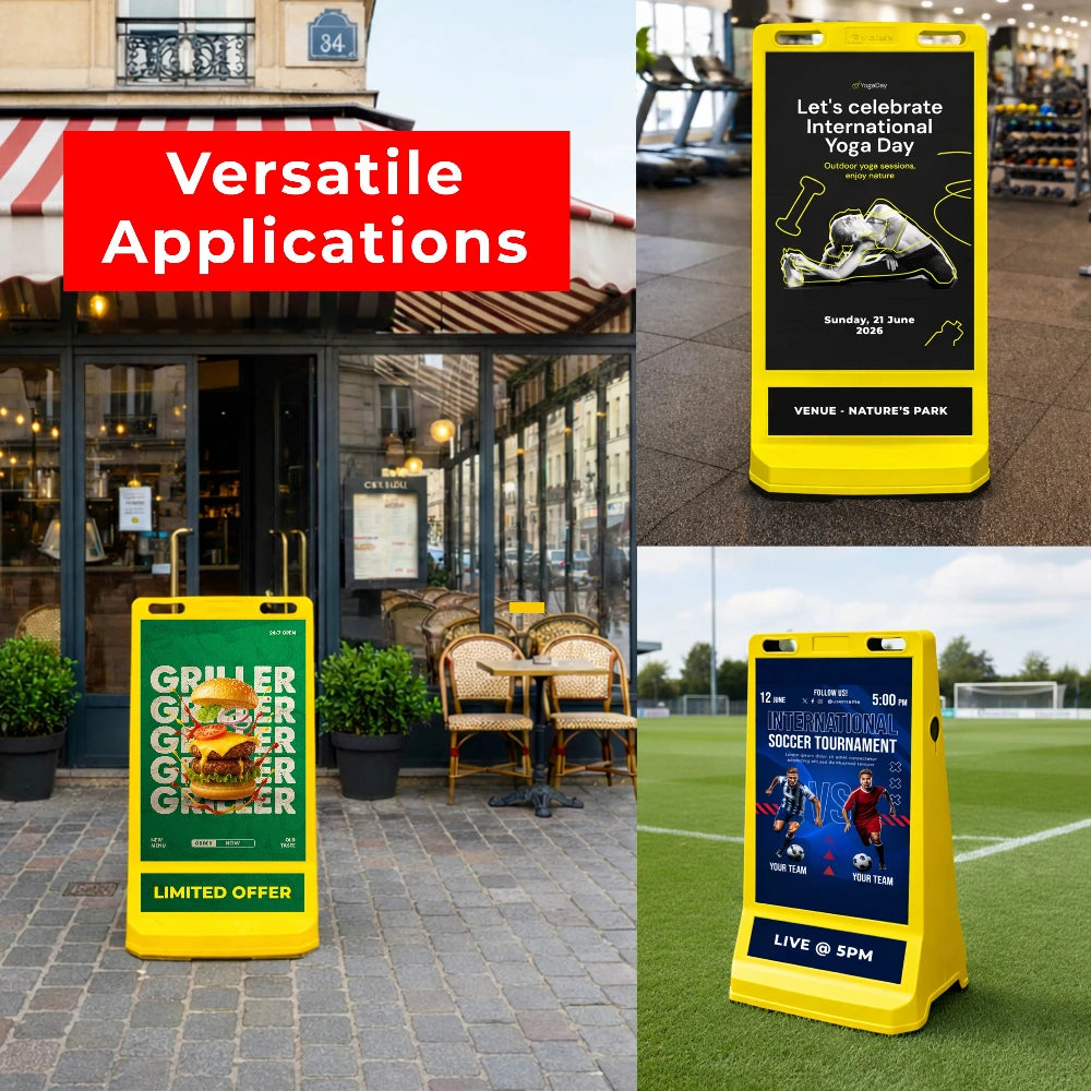 display Sign boards in various settings with text and graphics.