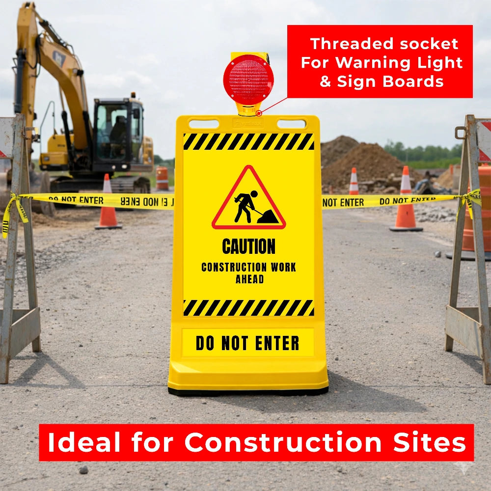 Construction warning sign with excavator and safety cones 