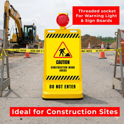 Construction warning sign with excavator and safety cones 