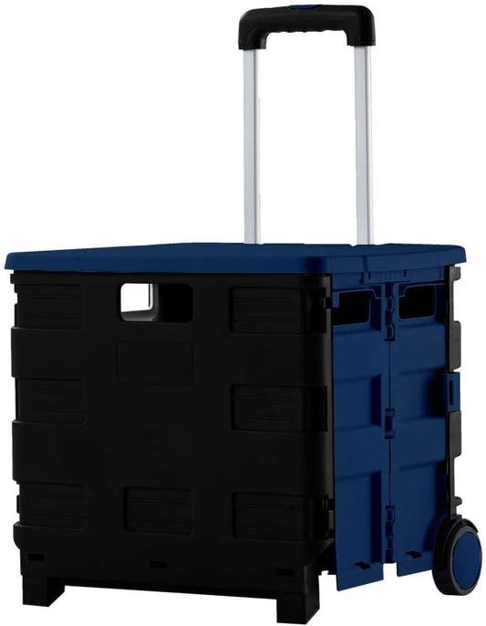 Berry 40KG Foldable Shopping Trolley, Plastic Trolley Cart with 2 Wheels and Lid, Portable Cart, Blue and Black