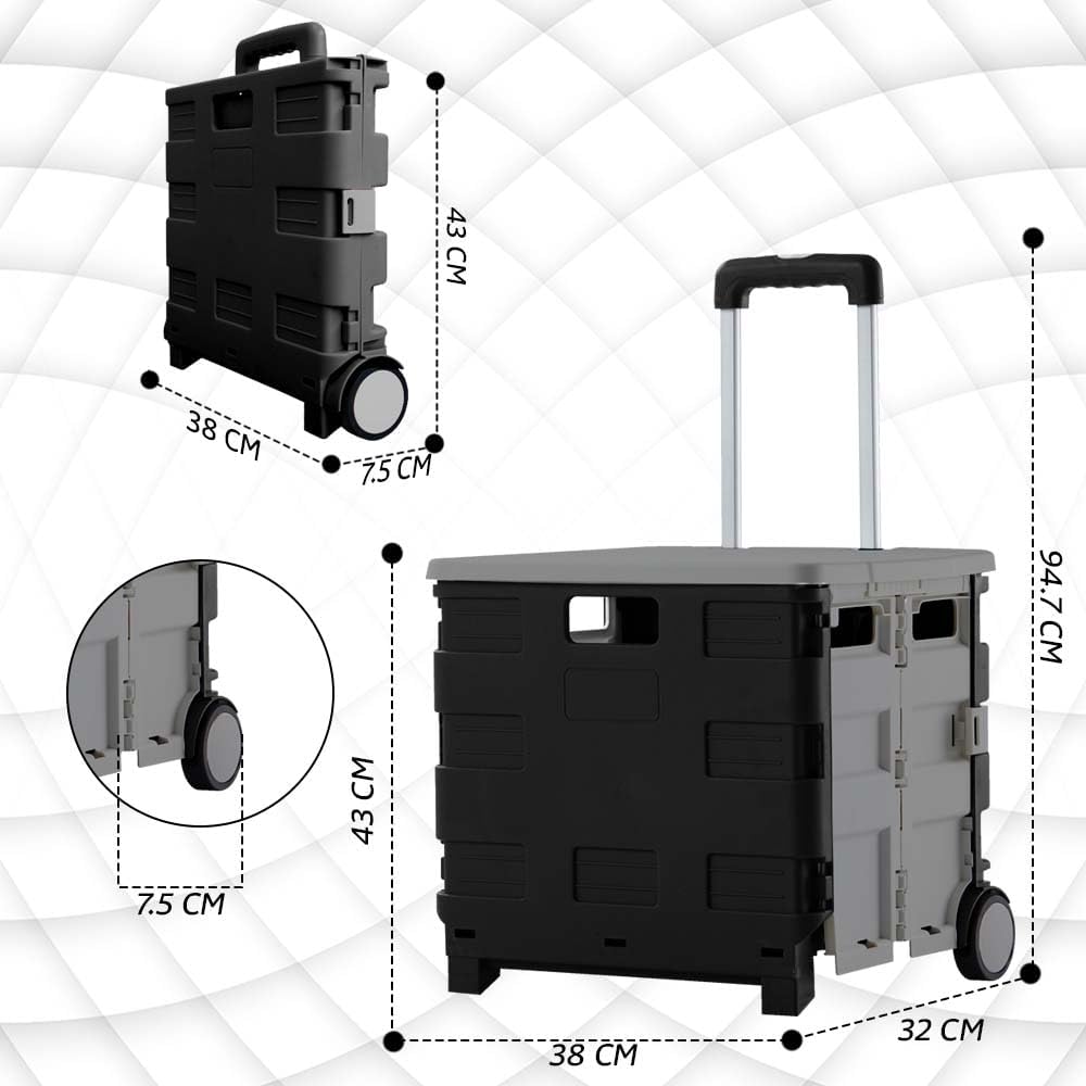 Berry 40KG Foldable Shopping Trolley, Plastic Trolley Cart with 2 Wheels and Lid, Portable Cart, Grey and Black