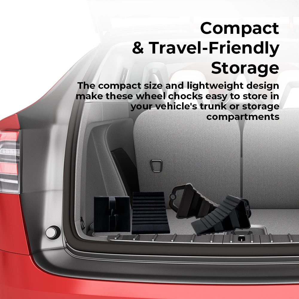 Car trunk with wheel chocks and text about compact storage