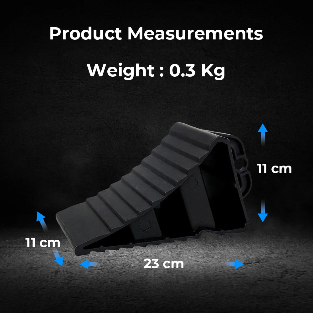Black wheel stopper with measurements on a dark background