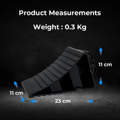 Black wheel stopper with measurements on a dark background