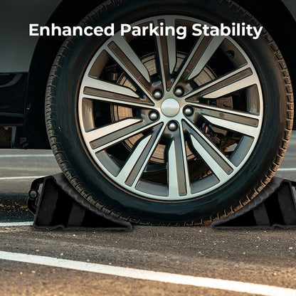 Car wheel on a parking stability block with 'Enhanced Parking Stability' text.