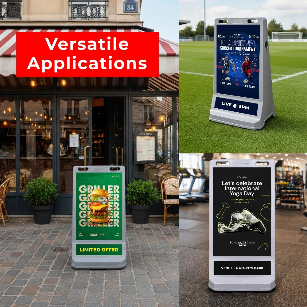  signage board in various settings including a restaurant, sports field, and outdoor area.