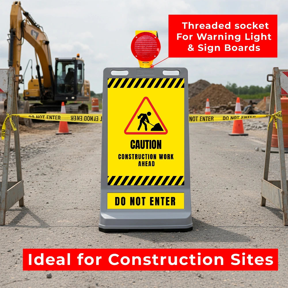 Construction warning sign with excavator 