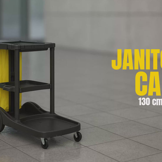 black janitor cart with 3 tiers for organizing cleaning supplies