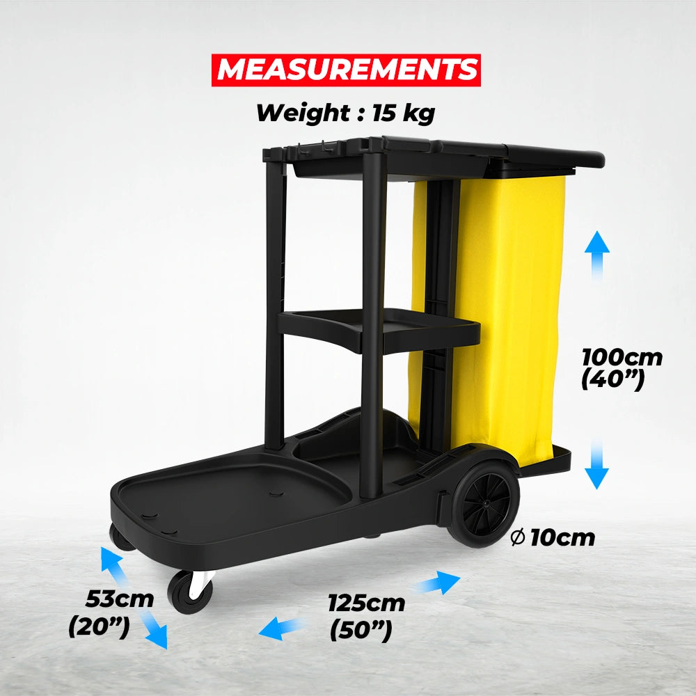 professional 3 tier cleaning trolley in black for janitorial tasks