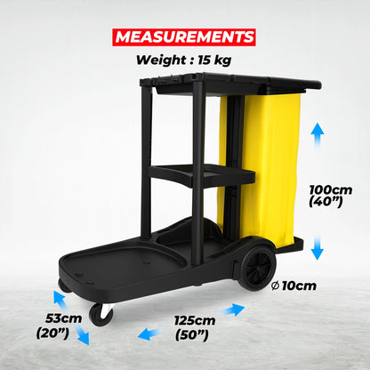 professional 3 tier cleaning trolley in black for janitorial tasks