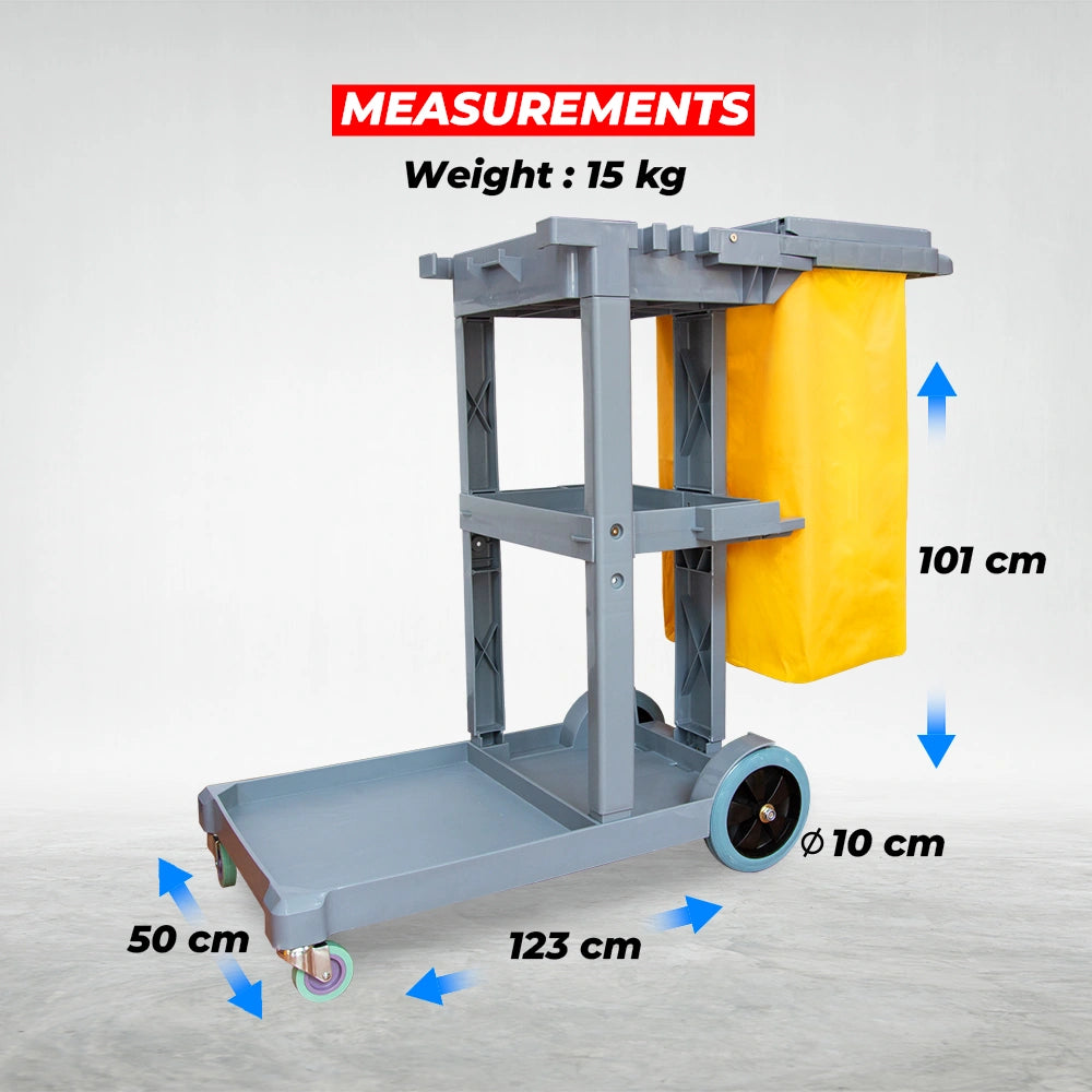 professional 3 tier cleaning trolley in grey for janitorial tasks