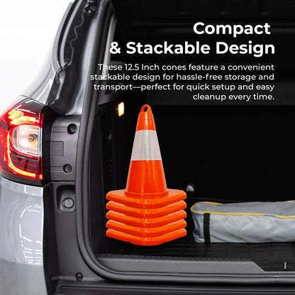 Stack of orange traffic cones in a car trunk 