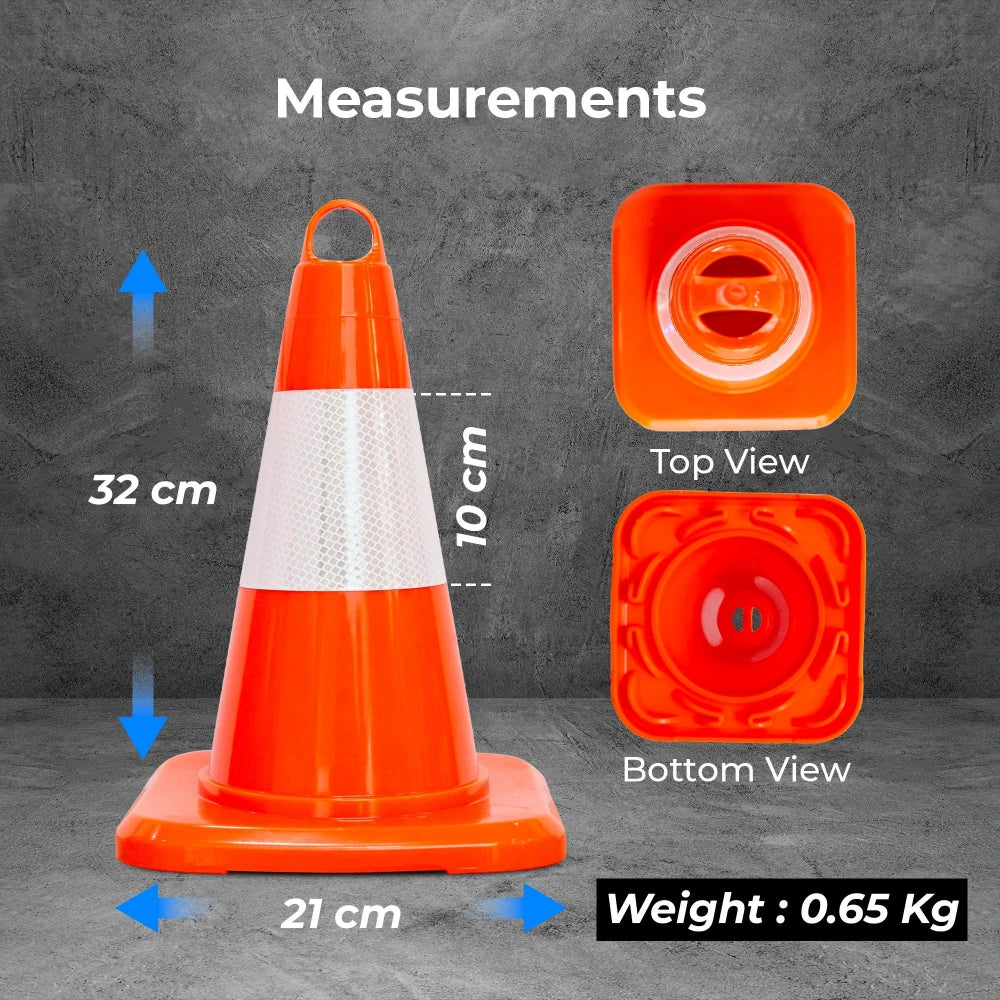 Orange traffic cone with measurements 