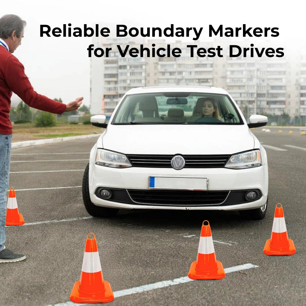 White car with driver and instructor on a road with traffic cones
