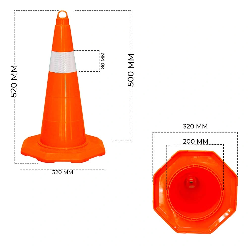 Orange traffic cone with measurements 