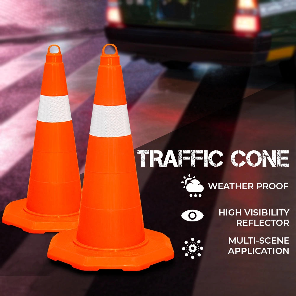 Two orange traffic cones with reflective stripes 