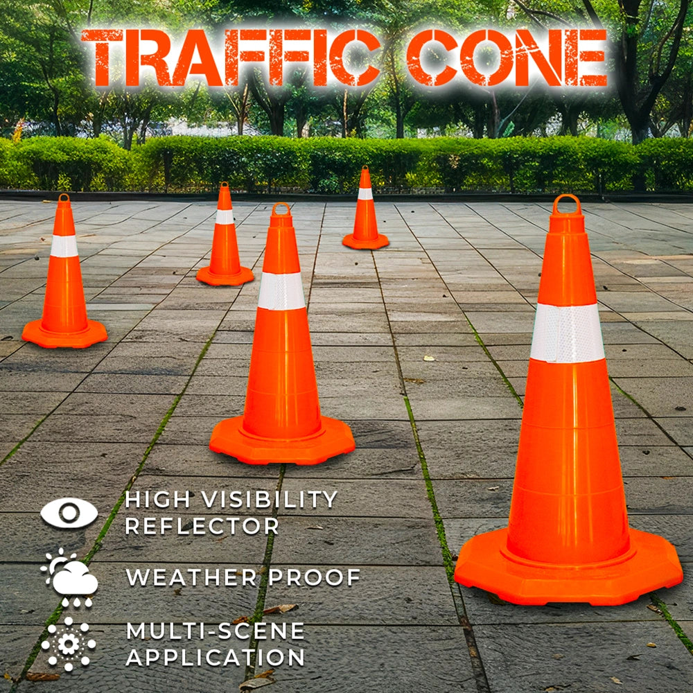 Orange traffic cones with reflective stripes on a paved surface