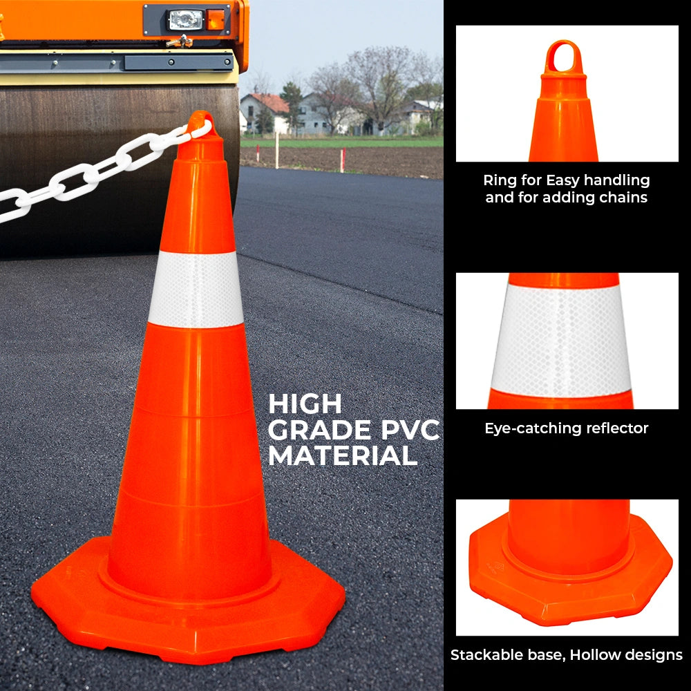 Orange traffic cone with white reflective stripes