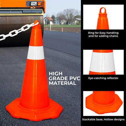 Orange traffic cone with white reflective stripes