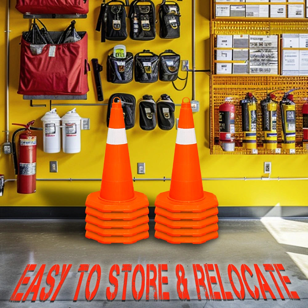 Stack of orange traffic cones in a warehouse 