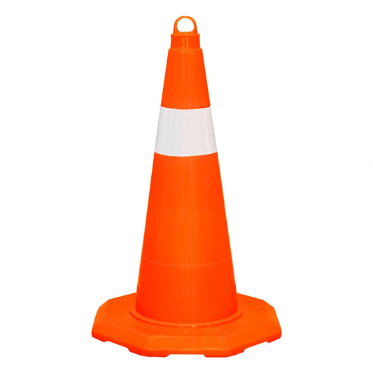Orange traffic cone with reflective white stripes