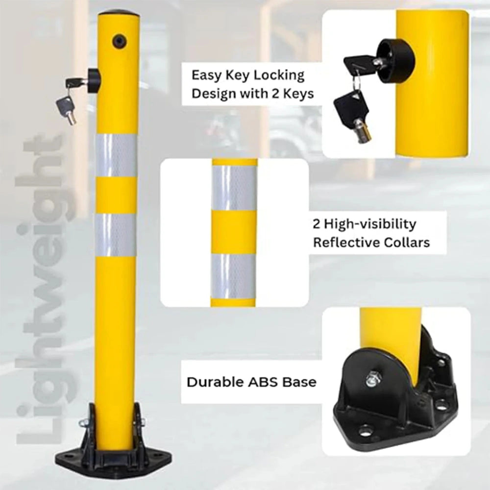 Yellow safety post with features highlighted on a gray background