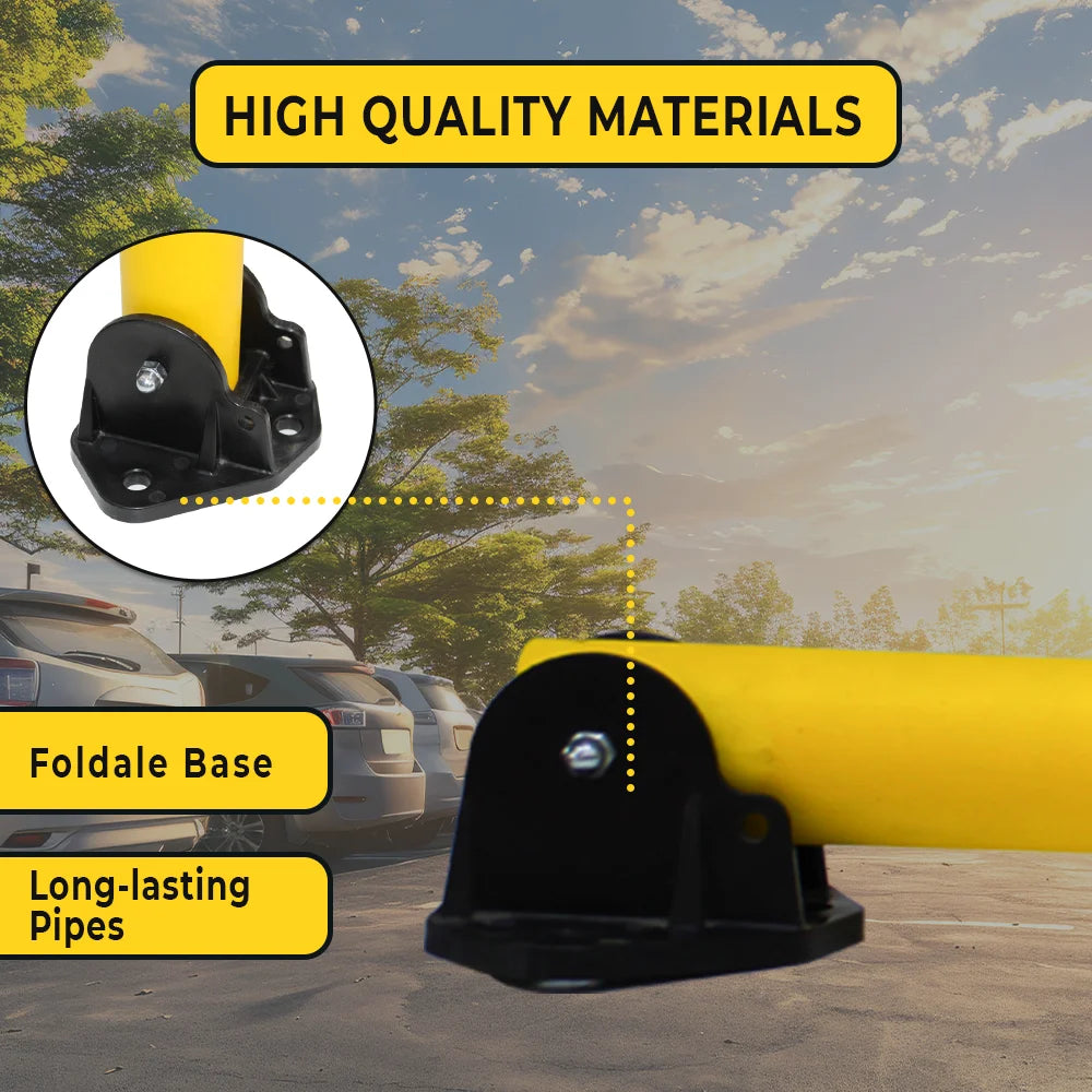 Yellow and black security bollard with 'High Quality Materials' text and close-up of components.
