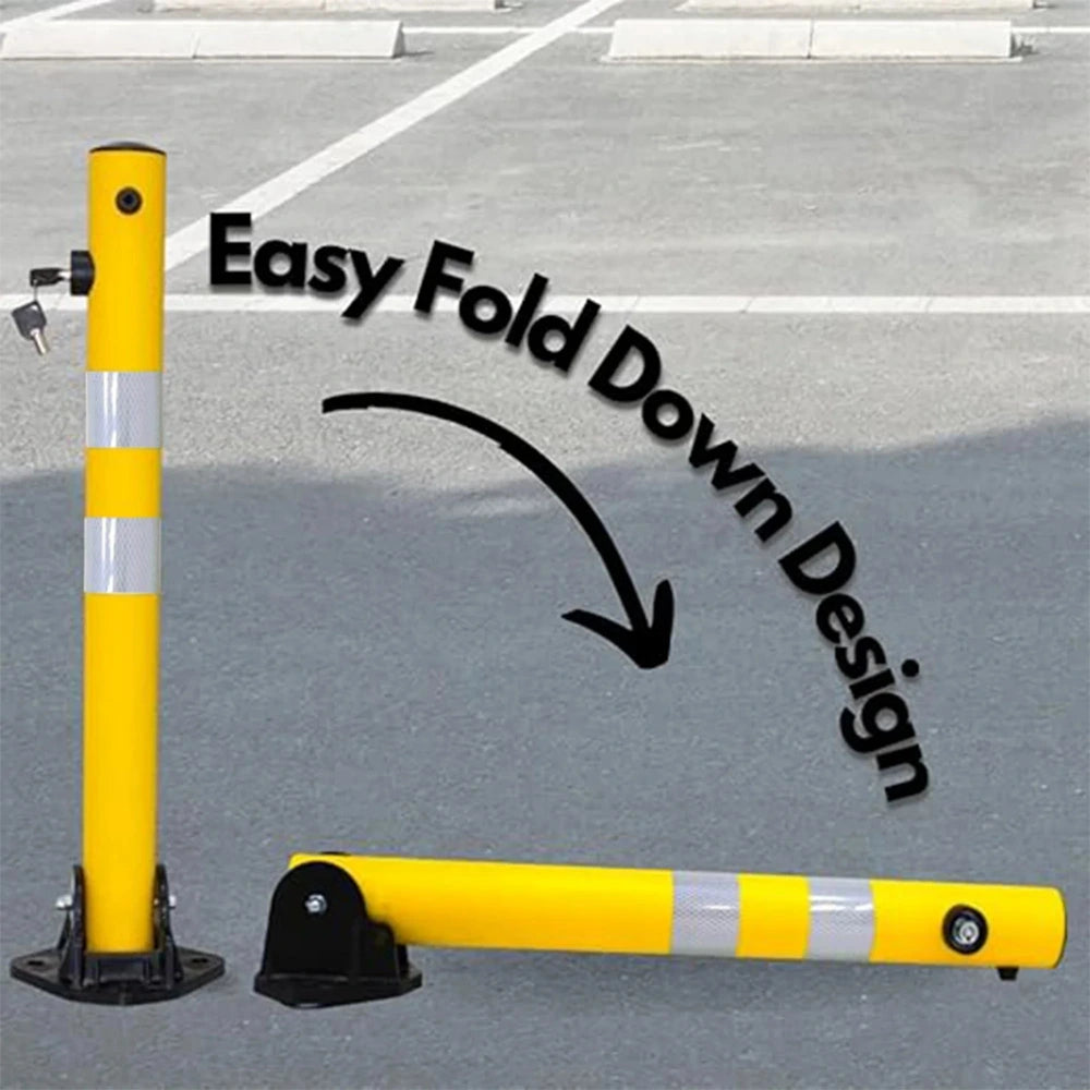 Yellow parking barrier with 'Easy Fold Down Design' text on a road background