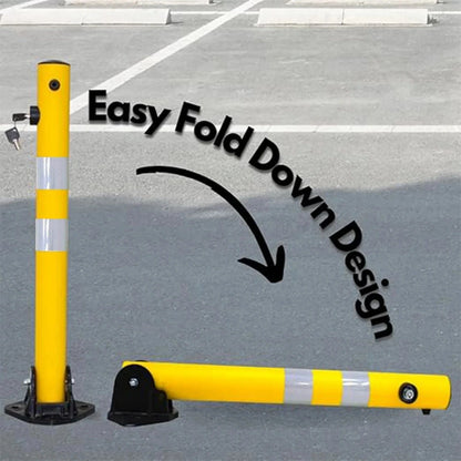 Yellow parking barrier with 'Easy Fold Down Design' text on a road background