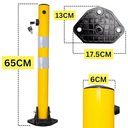 Yellow bollard with measurements on a white background