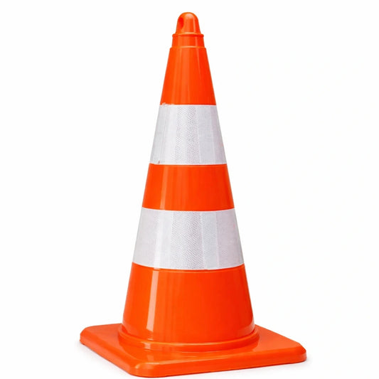Orange traffic cone with reflective stripes on a white background