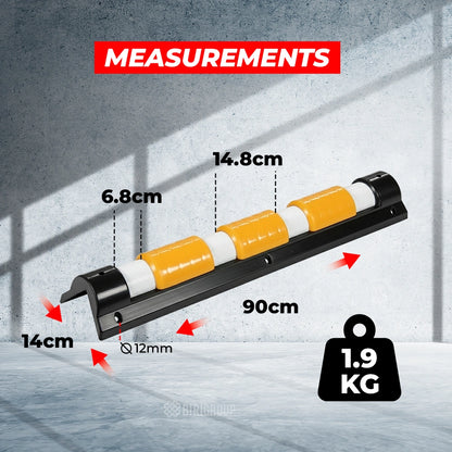 Measurement chart of a traffic barrier with dimensions and weight displayed.