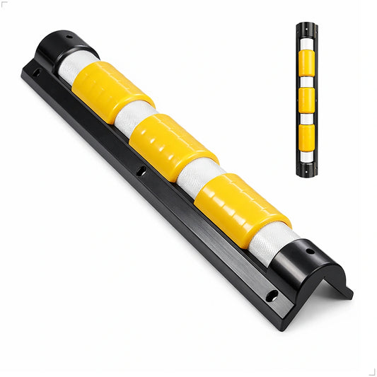 Yellow and white corner guard with black base on a white background