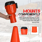 Red and black Topper with text about convenience of mounting and extending belt