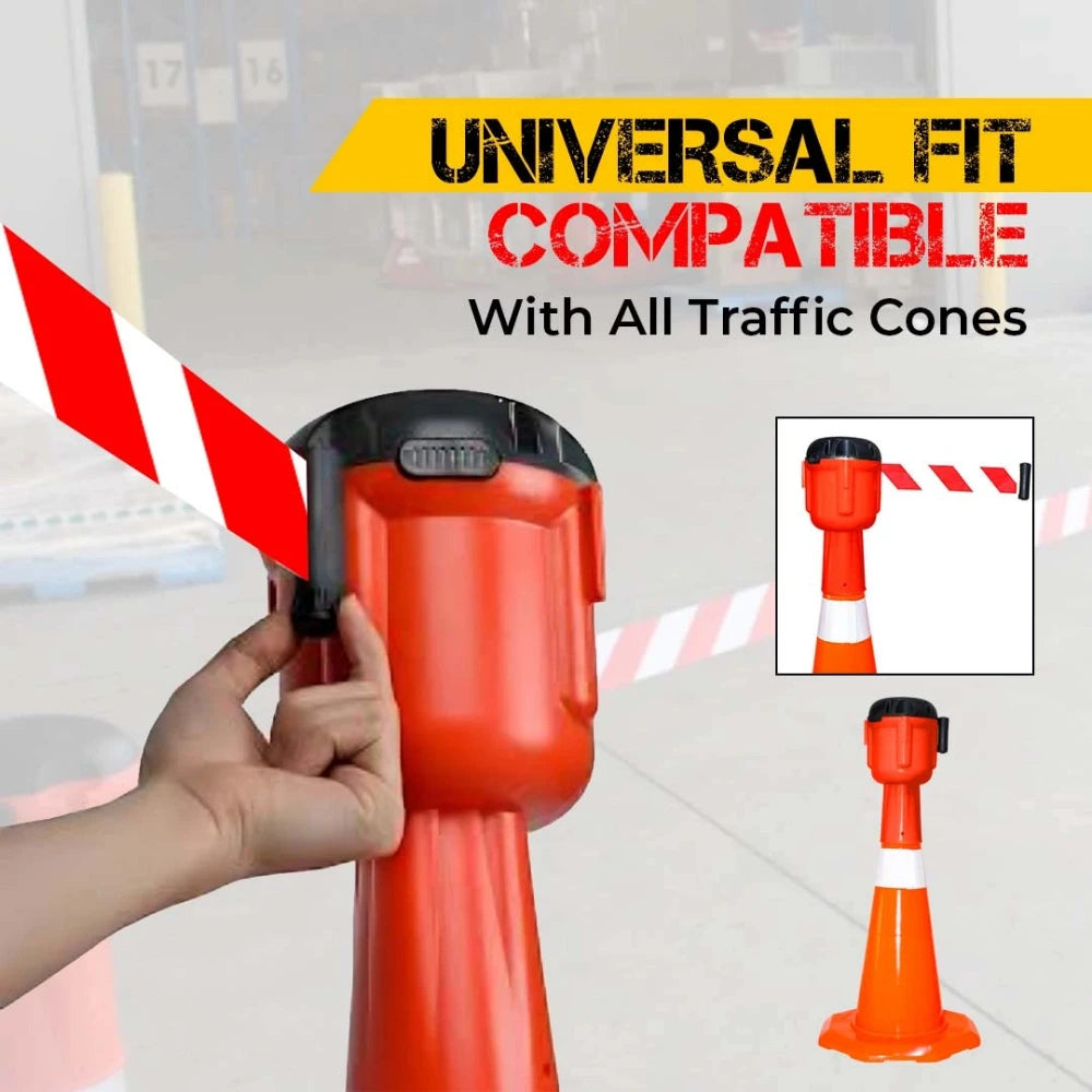 Hand holding a red traffic cone topper with a universal fitting mechanism,