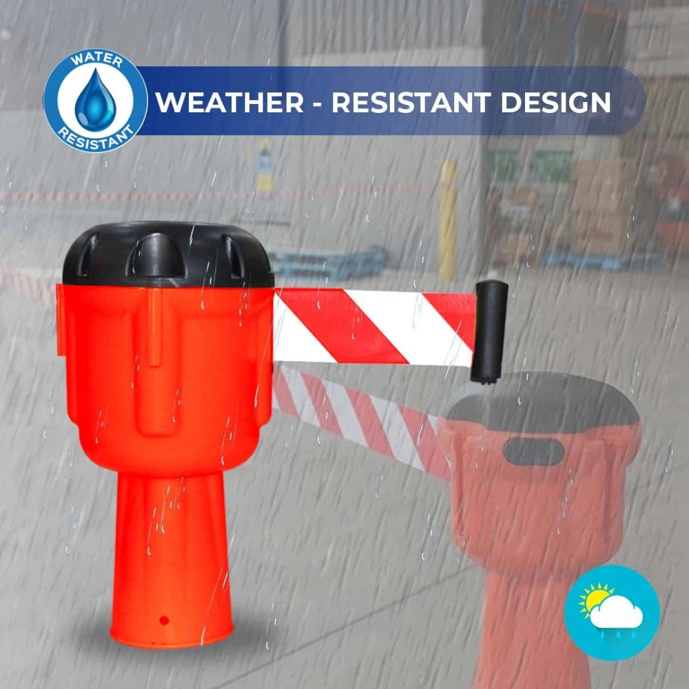 Red and black barrier post with weather-resistant design label, rain effect, and warning tape.