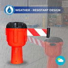 Red and black barrier post with weather-resistant design label, rain effect, and warning tape.
