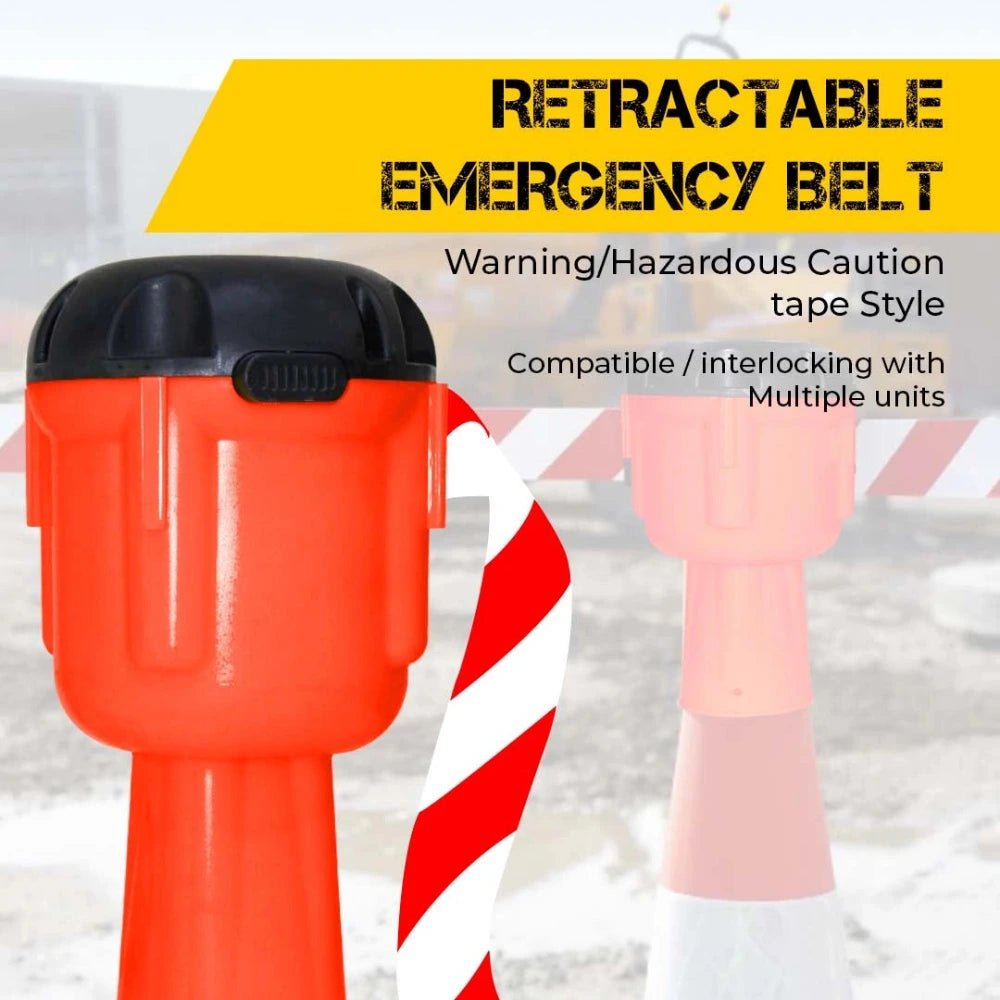 Retractable emergency belt with warning tape style on a white background