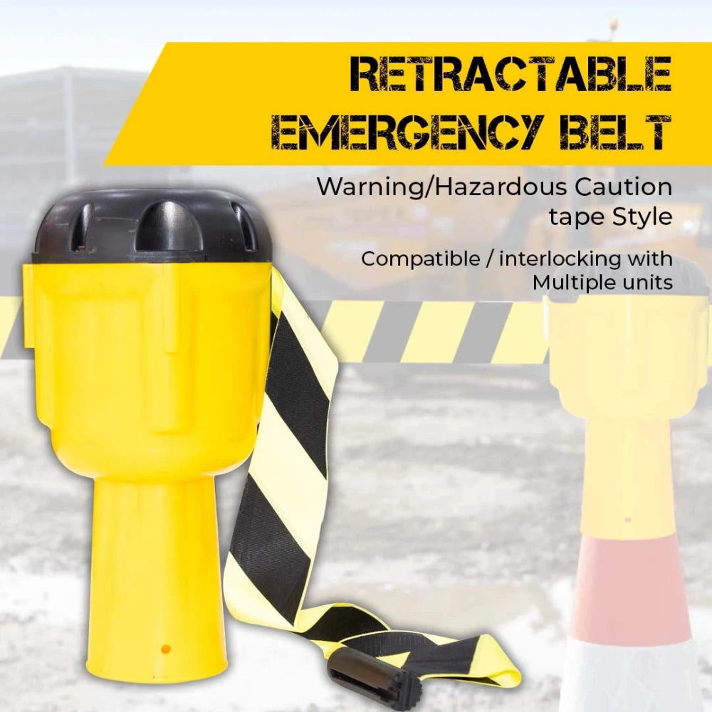 Retractable emergency belt with yellow dispenser and black and yellow caution tape 