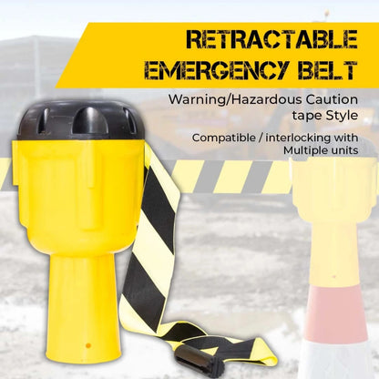 Retractable emergency belt with yellow dispenser and black and yellow caution tape 