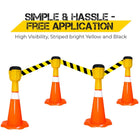 Orange traffic cones topper with black and yellow striped barriers on a white background, featuring text about application ease.