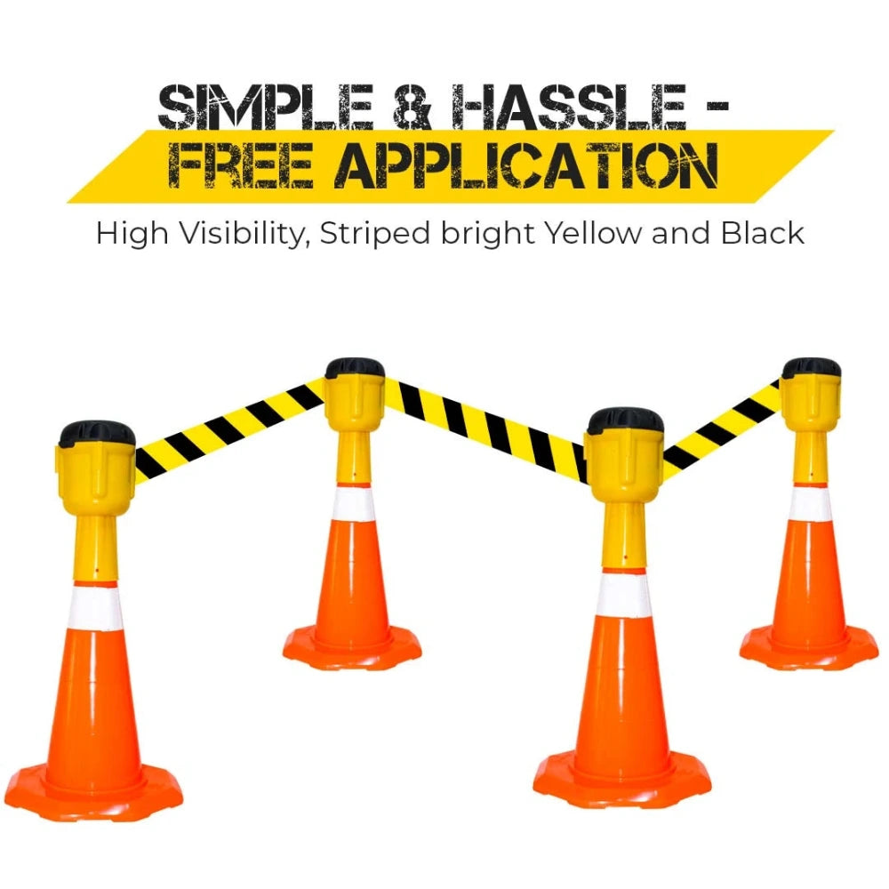 Orange traffic cones topper with black and yellow striped barriers on a white background, featuring text about application ease.