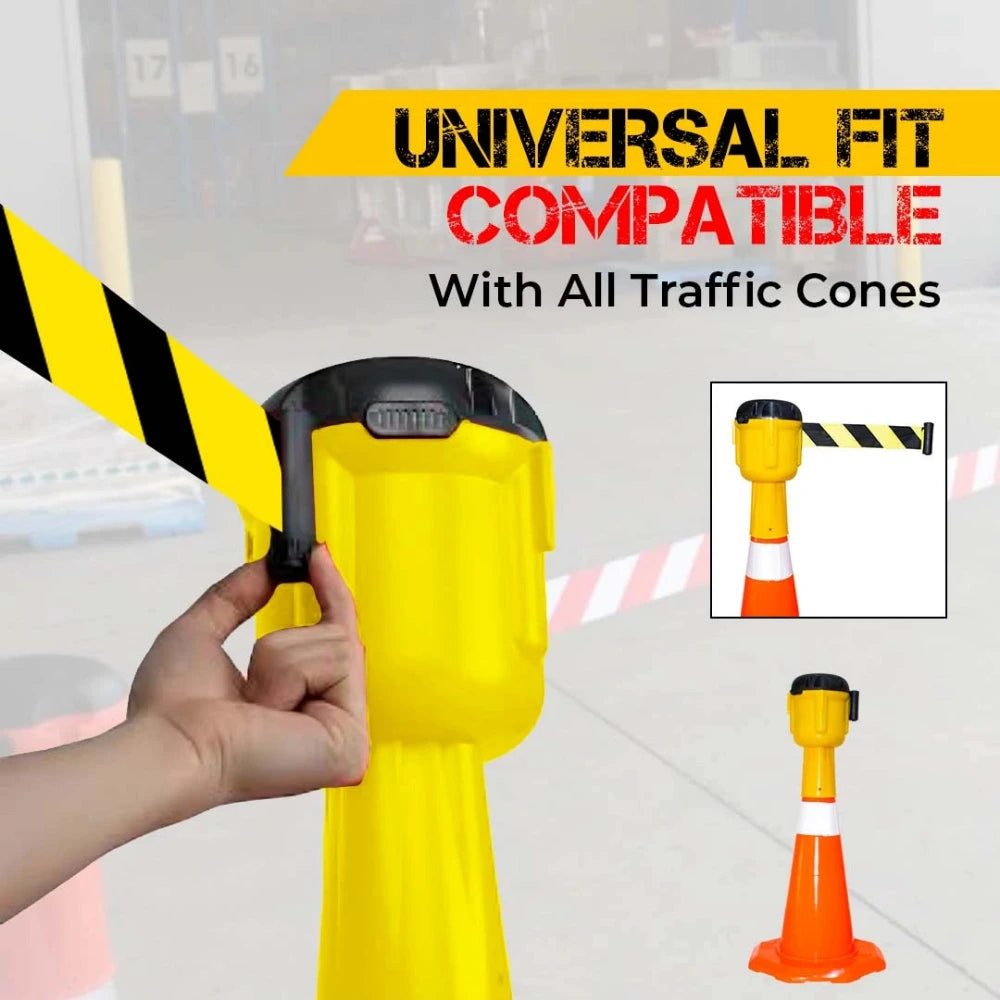 Yellow traffic cone topper tape with black handle, holding a yellow and black striped cone, 