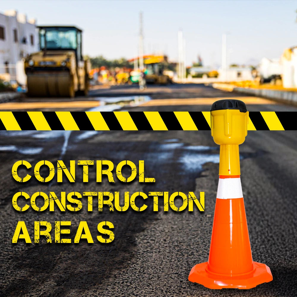Road construction scene with a traffic cone and warning tape