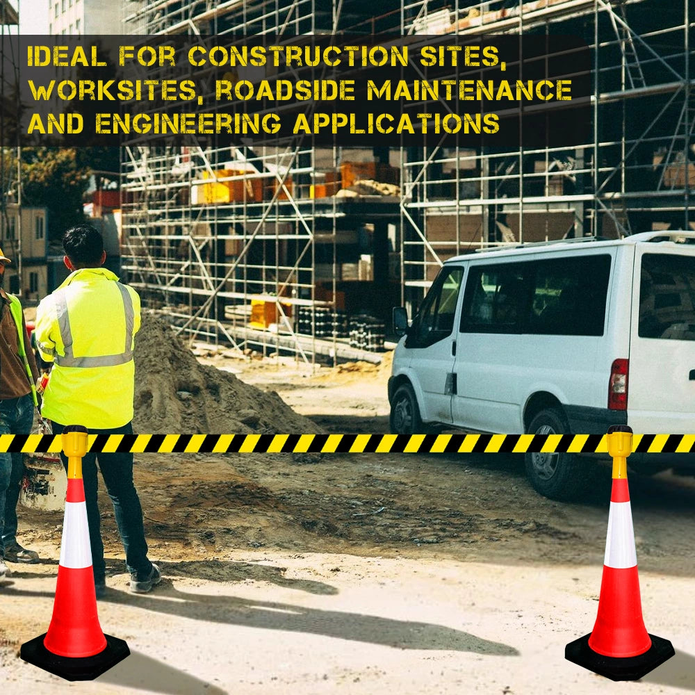 Construction site with workers, a van, and safety cones with topper, featuring text about product suitability for construction sites.