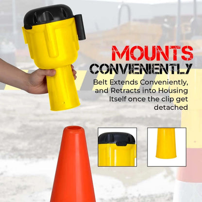 Yellow and black topper tape with text about convenience and retraction, 
