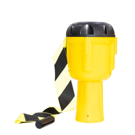 Yellow safety cone with black and yellow TOPPER tape on a white background