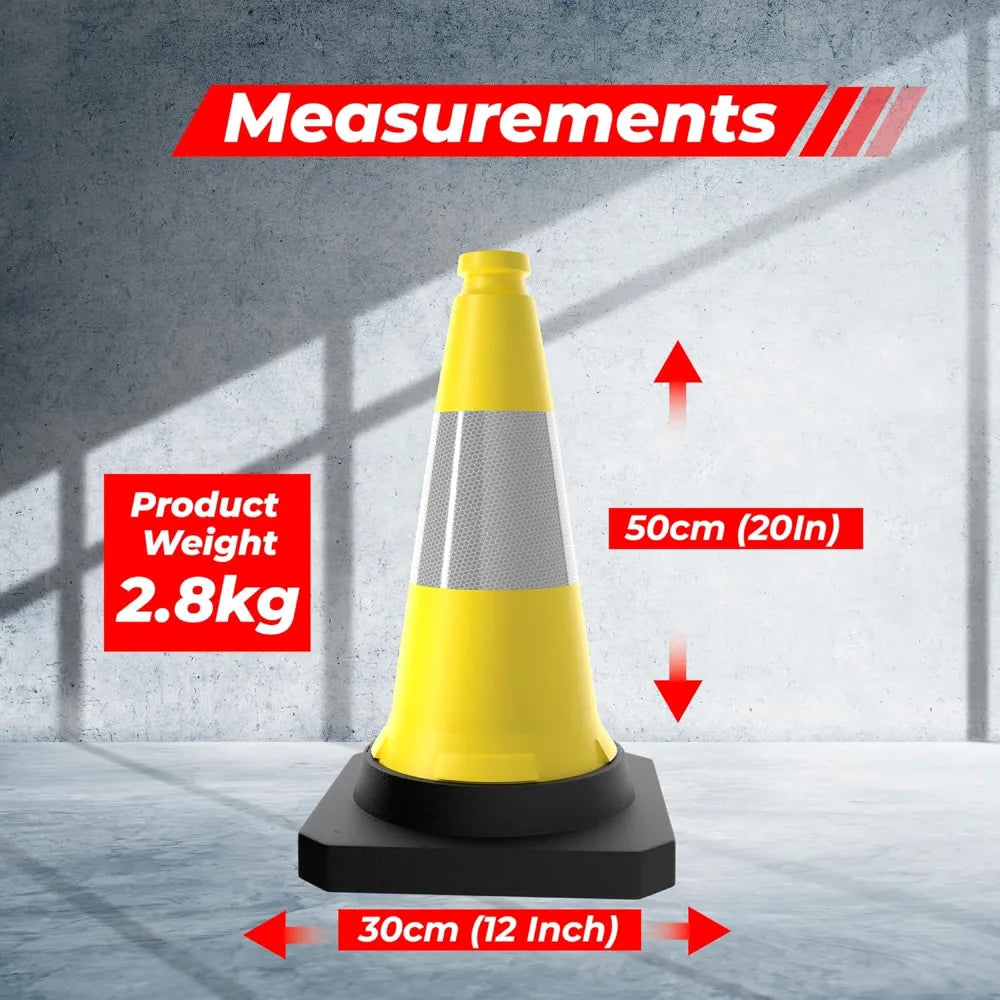 Yellow traffic cone with measurements and product weight.